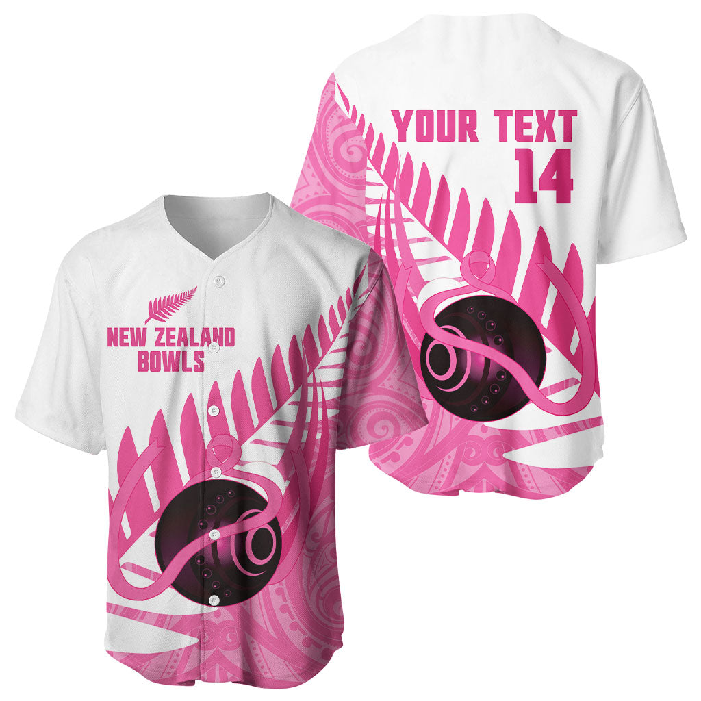 New Zealand Lawn Bowls Breast Cancer Custom Baseball Jersey Aotearoa Maori Silver Fern Pink Ribbon