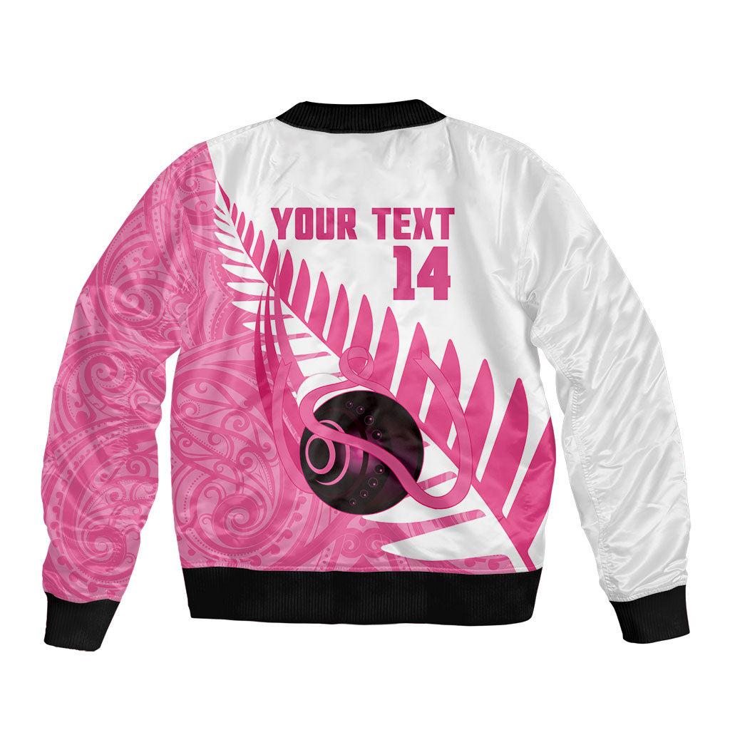 New Zealand Lawn Bowls Breast Cancer Custom Bomber Jacket Aotearoa Maori Silver Fern Pink Ribbon