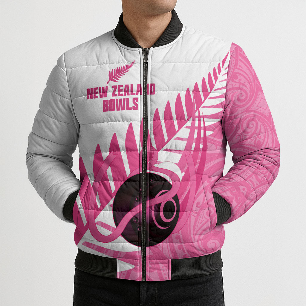 New Zealand Lawn Bowls Breast Cancer Custom Bomber Puffer Jacket Aotearoa Maori Silver Fern Pink Ribbon