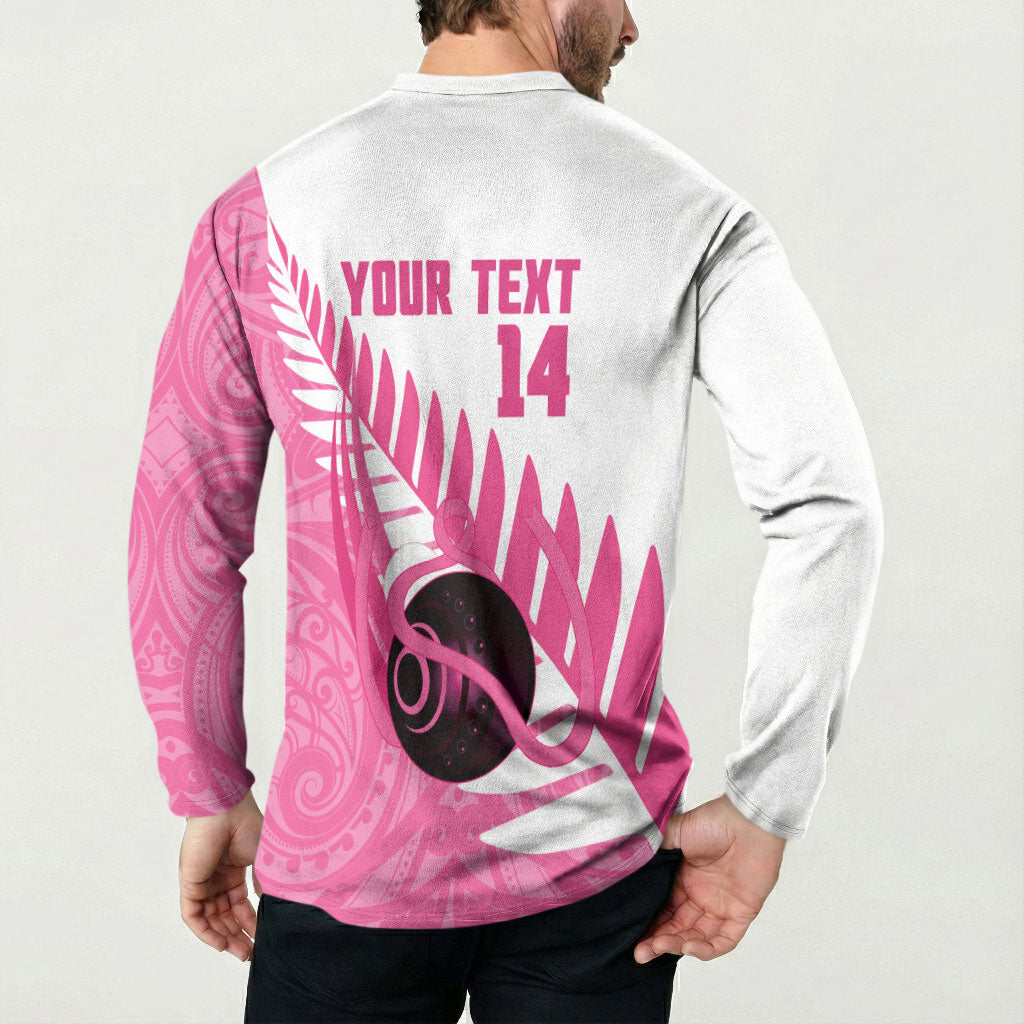 New Zealand Lawn Bowls Breast Cancer Custom Button Sweatshirt Aotearoa Maori Silver Fern Pink Ribbon