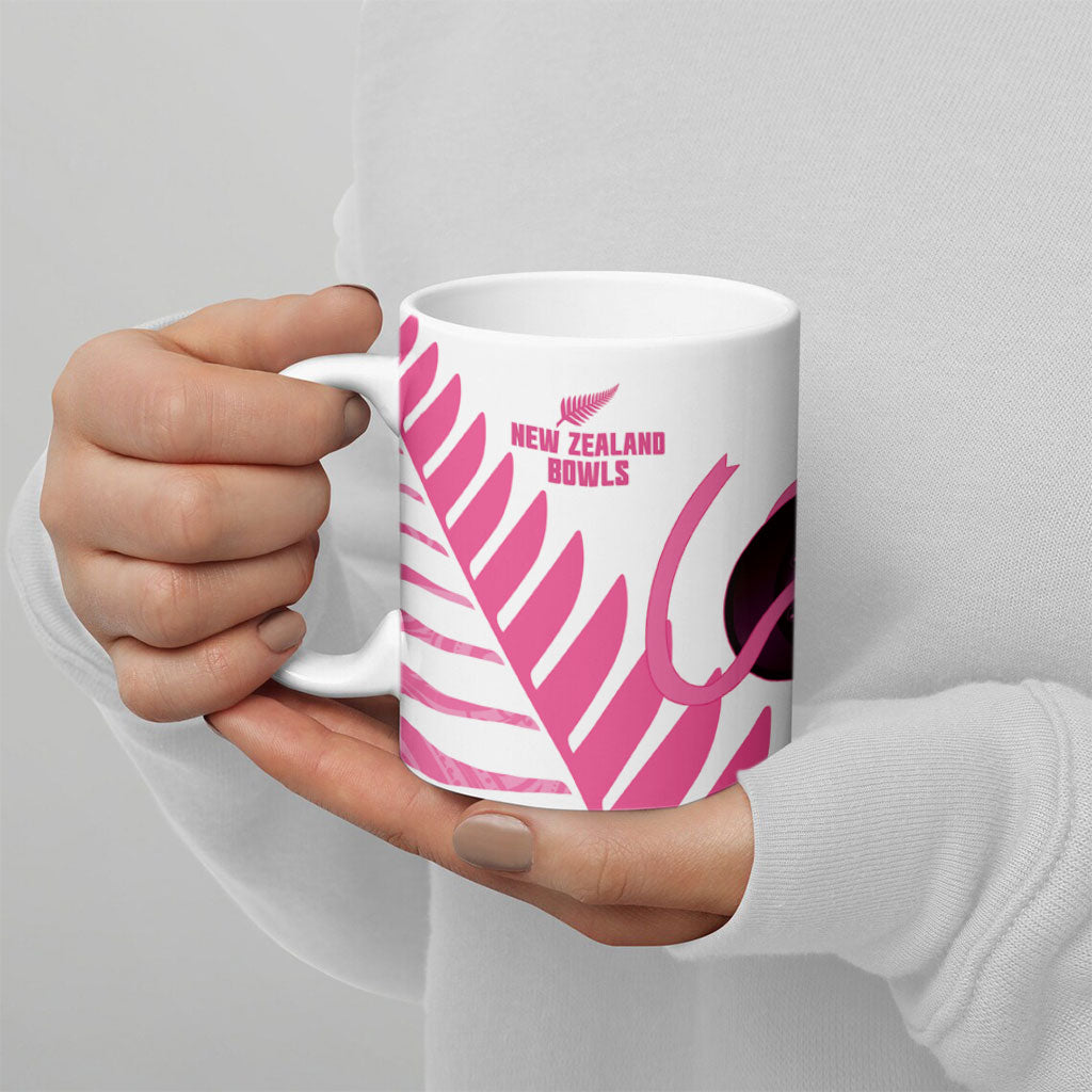 New Zealand Lawn Bowls Breast Cancer Custom Ceramic Mug Aotearoa Maori Silver Fern Pink Ribbon