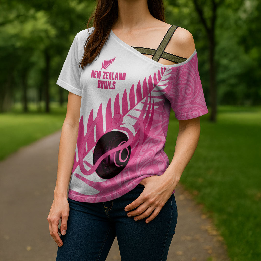 New Zealand Lawn Bowls Breast Cancer Custom Cross Shoulder Shirt Aotearoa Maori Silver Fern Pink Ribbon