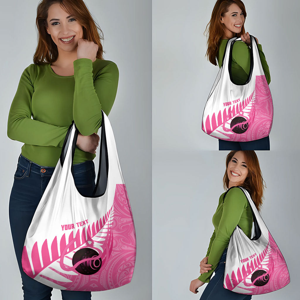 New Zealand Lawn Bowls Breast Cancer Custom Grocery Bag Aotearoa Maori Silver Fern Pink Ribbon
