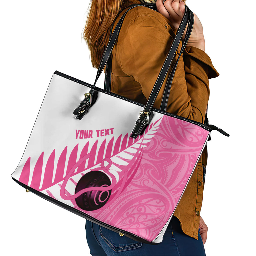 New Zealand Lawn Bowls Breast Cancer Custom Leather Tote Bag Aotearoa Maori Silver Fern Pink Ribbon