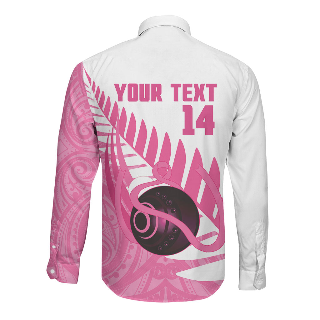 New Zealand Lawn Bowls Breast Cancer Custom Long Sleeve Button Shirt Aotearoa Maori Silver Fern Pink Ribbon