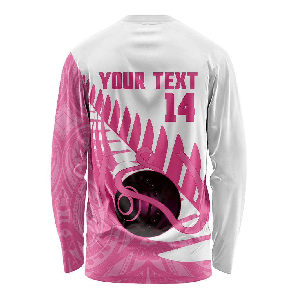 New Zealand Lawn Bowls Breast Cancer Custom Long Sleeve Shirt Aotearoa Maori Silver Fern Pink Ribbon