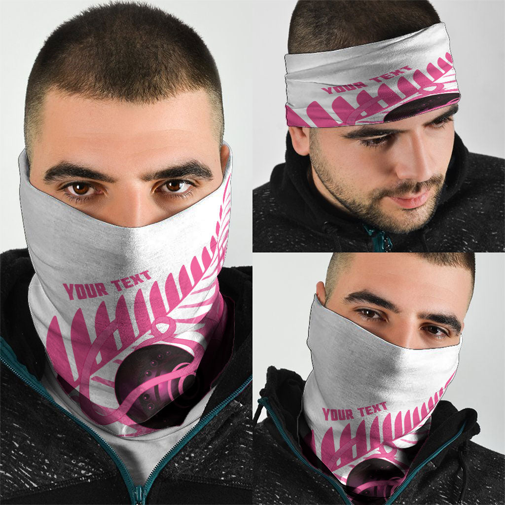 New Zealand Lawn Bowls Breast Cancer Custom Neck Gaiter Aotearoa Maori Silver Fern Pink Ribbon