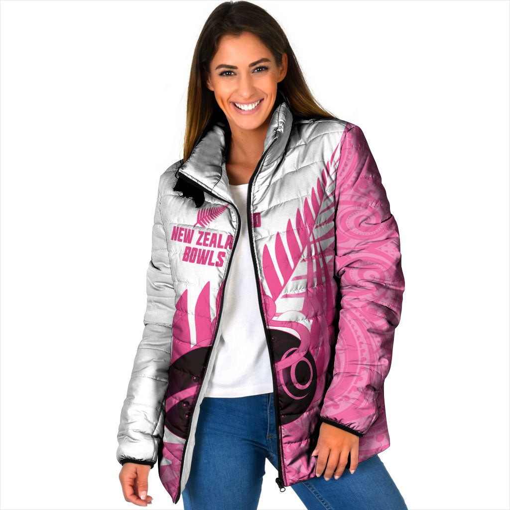 New Zealand Lawn Bowls Breast Cancer Custom Padded Jacket Aotearoa Maori Silver Fern Pink Ribbon