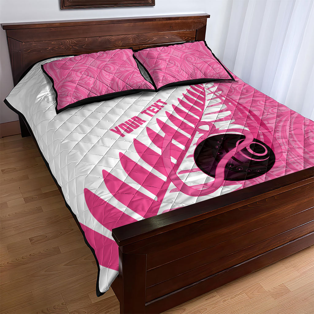 New Zealand Lawn Bowls Breast Cancer Custom Quilt Bed Set Aotearoa Maori Silver Fern Pink Ribbon