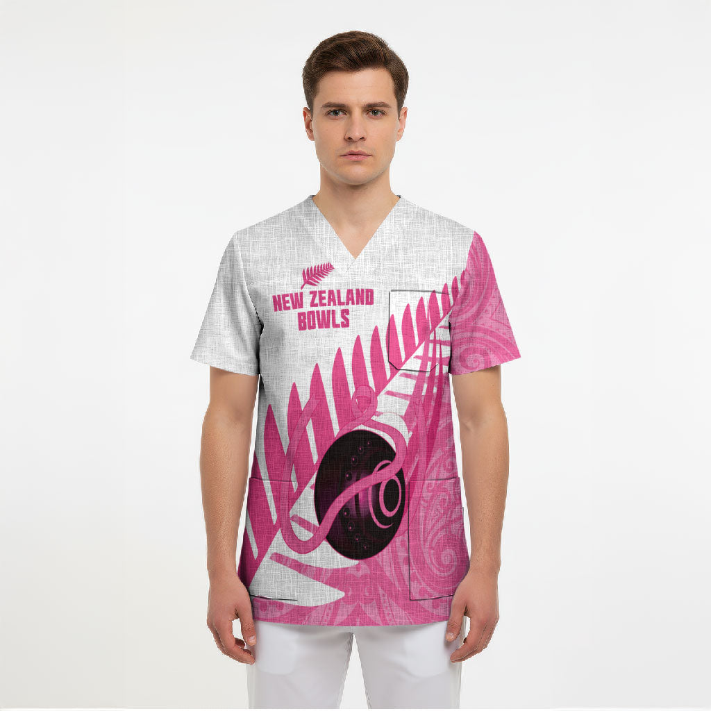New Zealand Lawn Bowls Breast Cancer Custom Scrub Top Aotearoa Maori Silver Fern Pink Ribbon