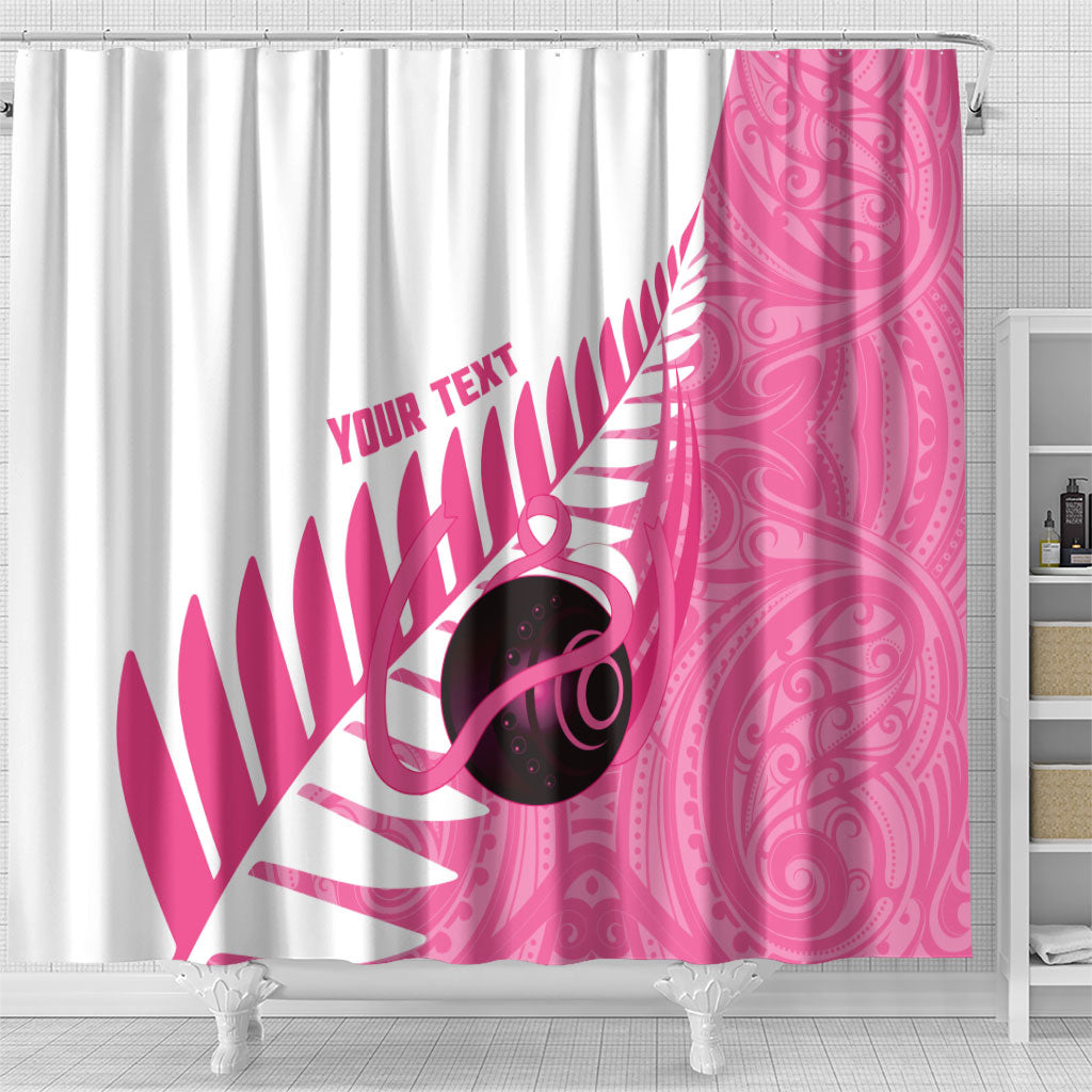 New Zealand Lawn Bowls Breast Cancer Custom Shower Curtain Aotearoa Maori Silver Fern Pink Ribbon