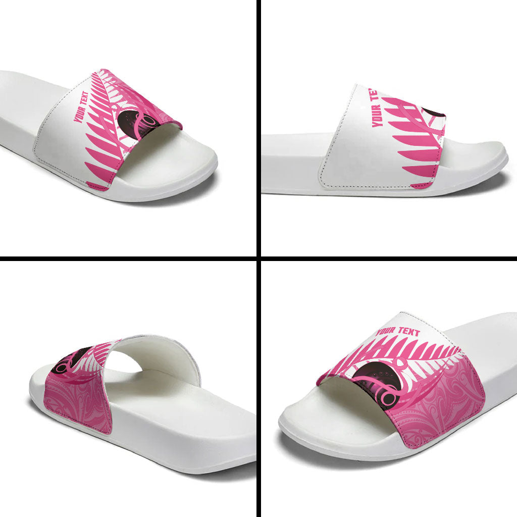 New Zealand Lawn Bowls Breast Cancer Custom Slide Sandals Aotearoa Maori Silver Fern Pink Ribbon