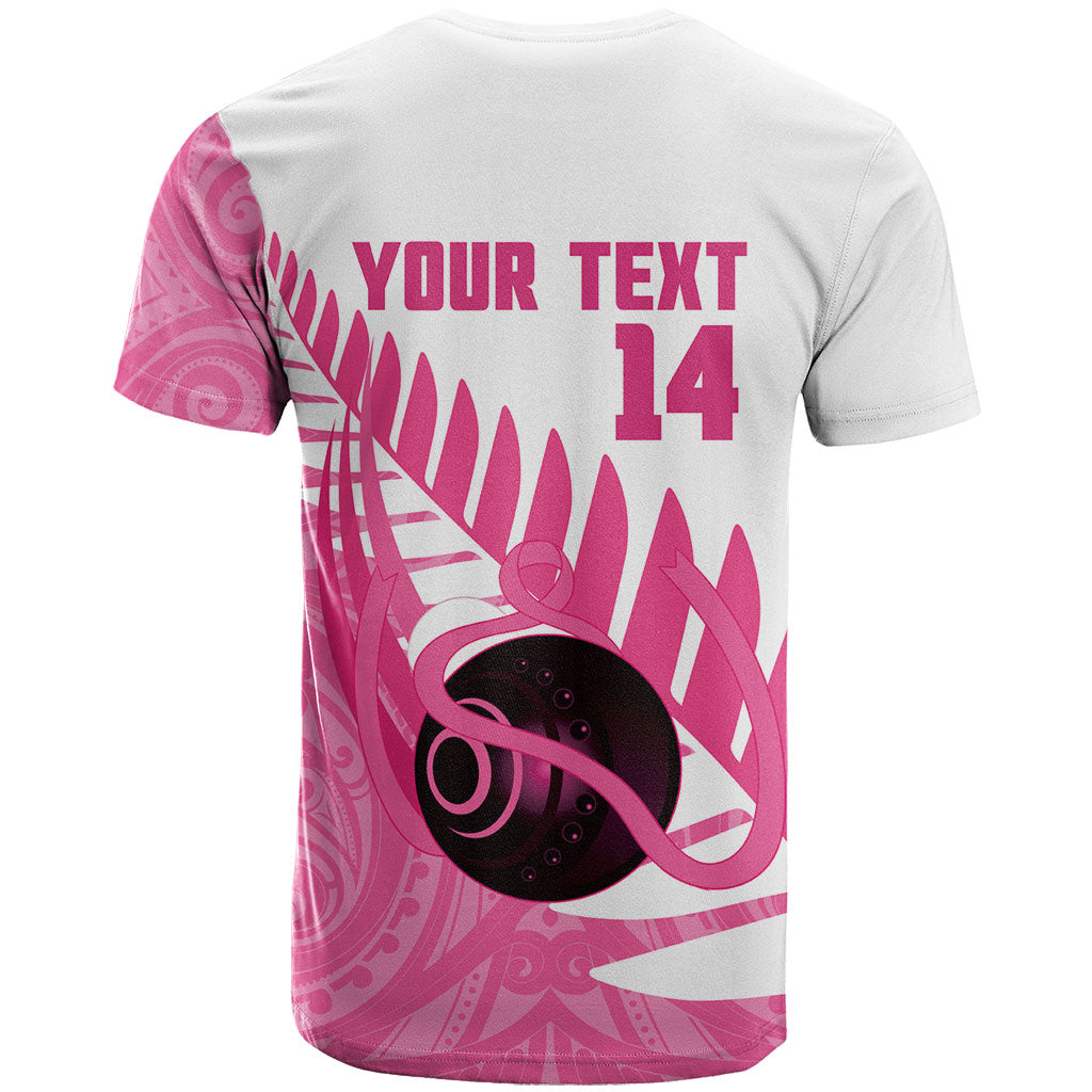 New Zealand Lawn Bowls Breast Cancer Custom T Shirt Aotearoa Maori Silver Fern Pink Ribbon