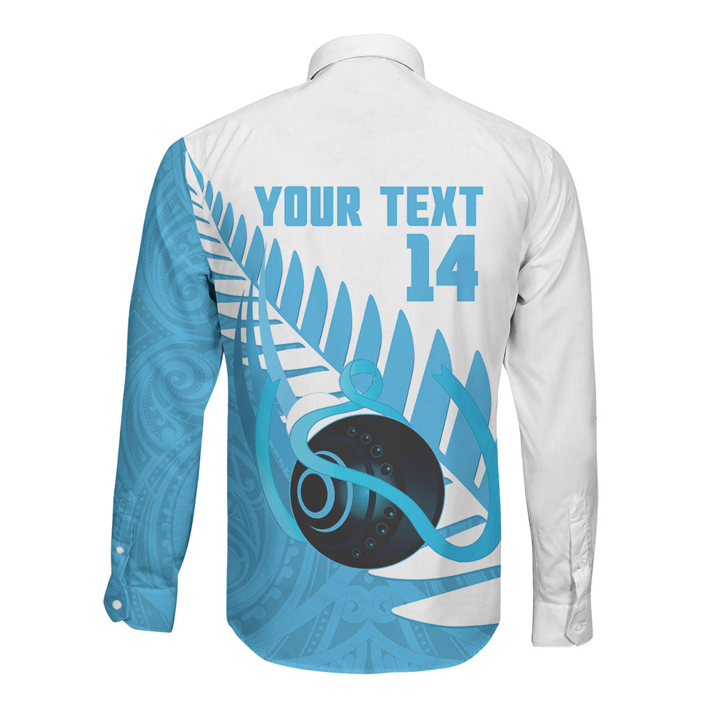 New Zealand Lawn Bowls Prostate Cancer Custom Long Sleeve Button Shirt Aotearoa Maori Silver Fern Blue Ribbon