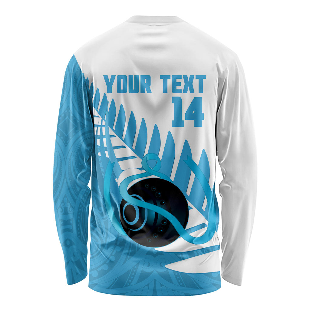 New Zealand Lawn Bowls Prostate Cancer Custom Long Sleeve Shirt Aotearoa Maori Silver Fern Blue Ribbon