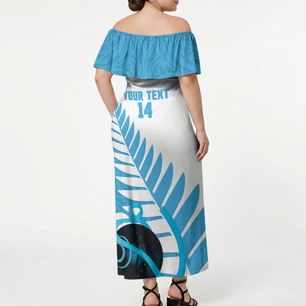 New Zealand Lawn Bowls Prostate Cancer Custom Off Shoulder Maxi Dress Aotearoa Maori Silver Fern Blue Ribbon