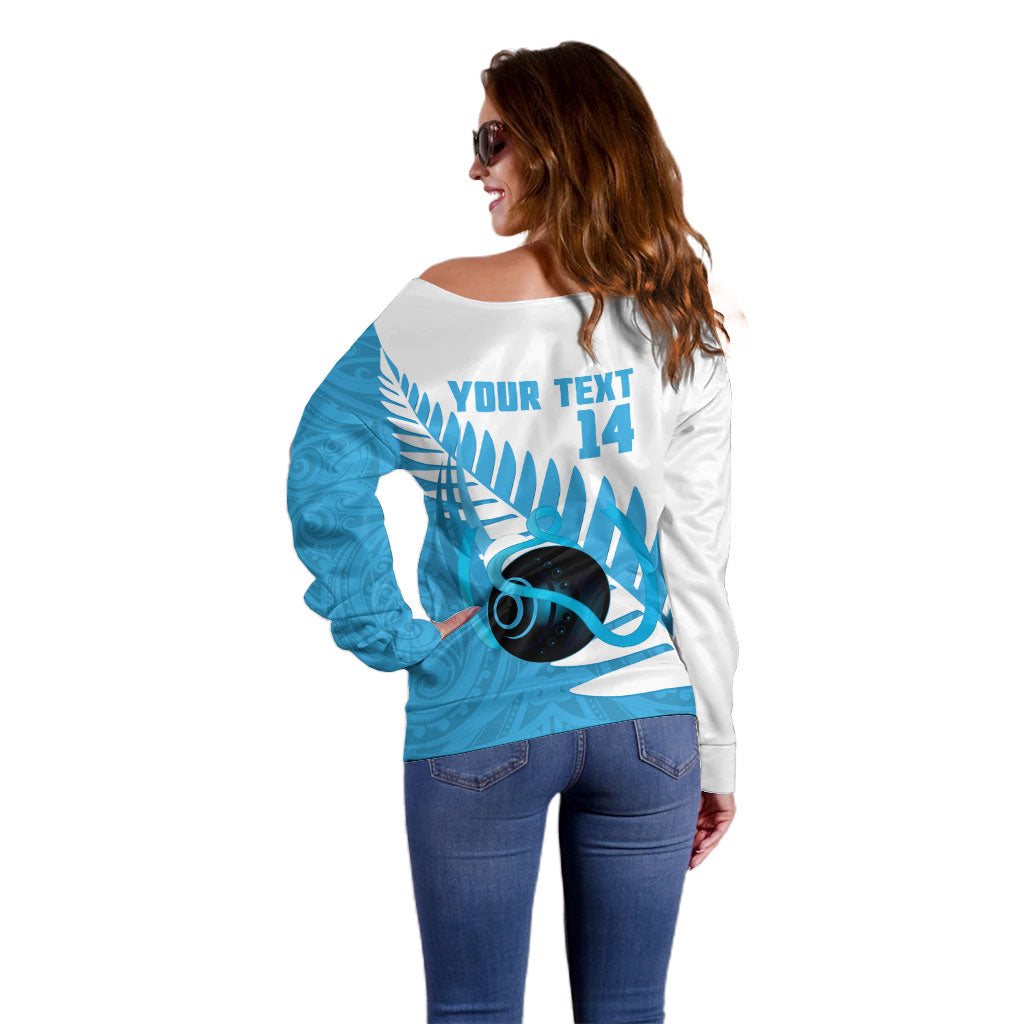 New Zealand Lawn Bowls Prostate Cancer Custom Off Shoulder Sweater Aotearoa Maori Silver Fern Blue Ribbon