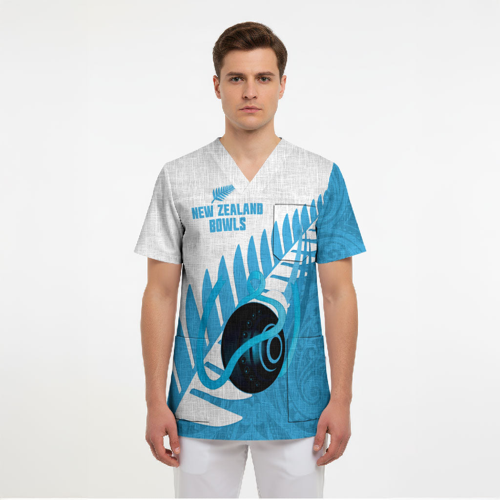 New Zealand Lawn Bowls Prostate Cancer Custom Scrub Top Aotearoa Maori Silver Fern Blue Ribbon