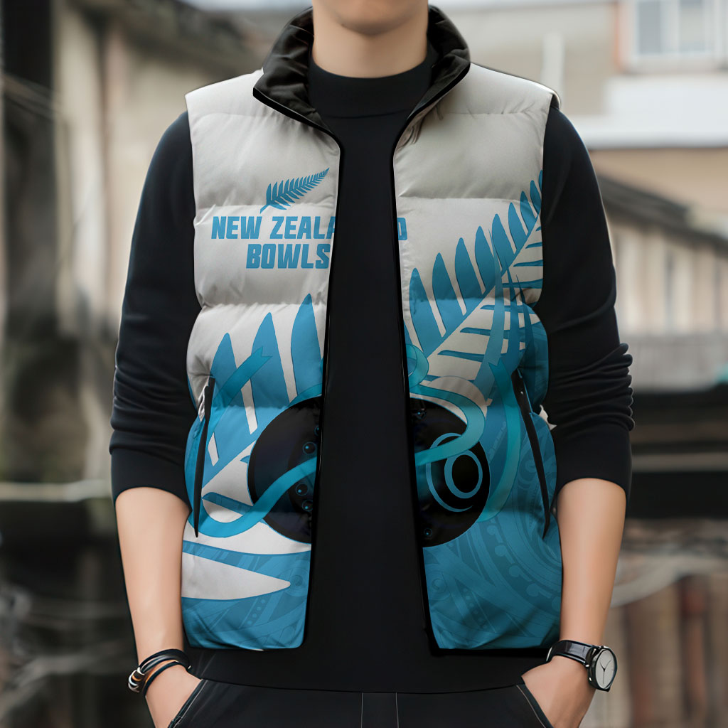 New Zealand Lawn Bowls Prostate Cancer Custom Sleeveless Puffer Jacket Aotearoa Maori Silver Fern Blue Ribbon