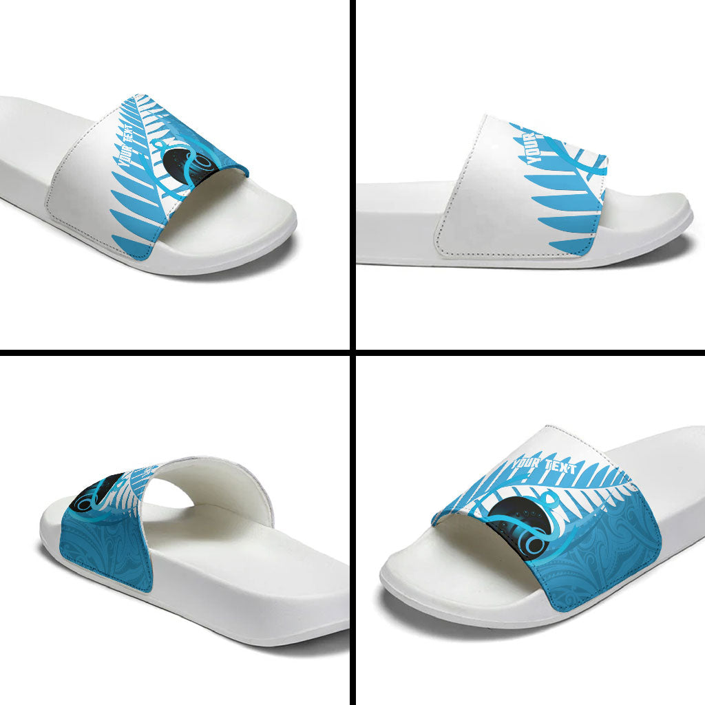 New Zealand Lawn Bowls Prostate Cancer Custom Slide Sandals Aotearoa Maori Silver Fern Blue Ribbon