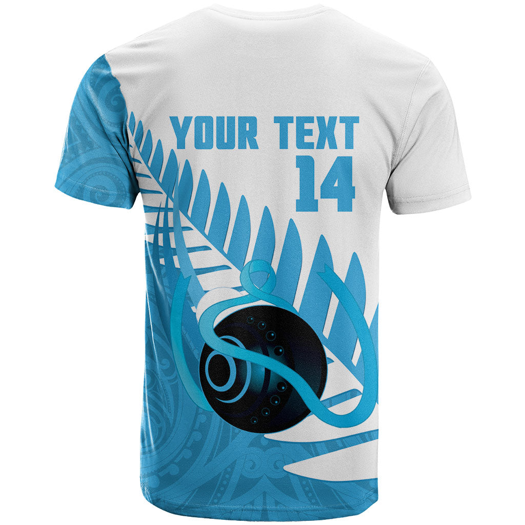 New Zealand Lawn Bowls Prostate Cancer Custom T Shirt Aotearoa Maori Silver Fern Blue Ribbon