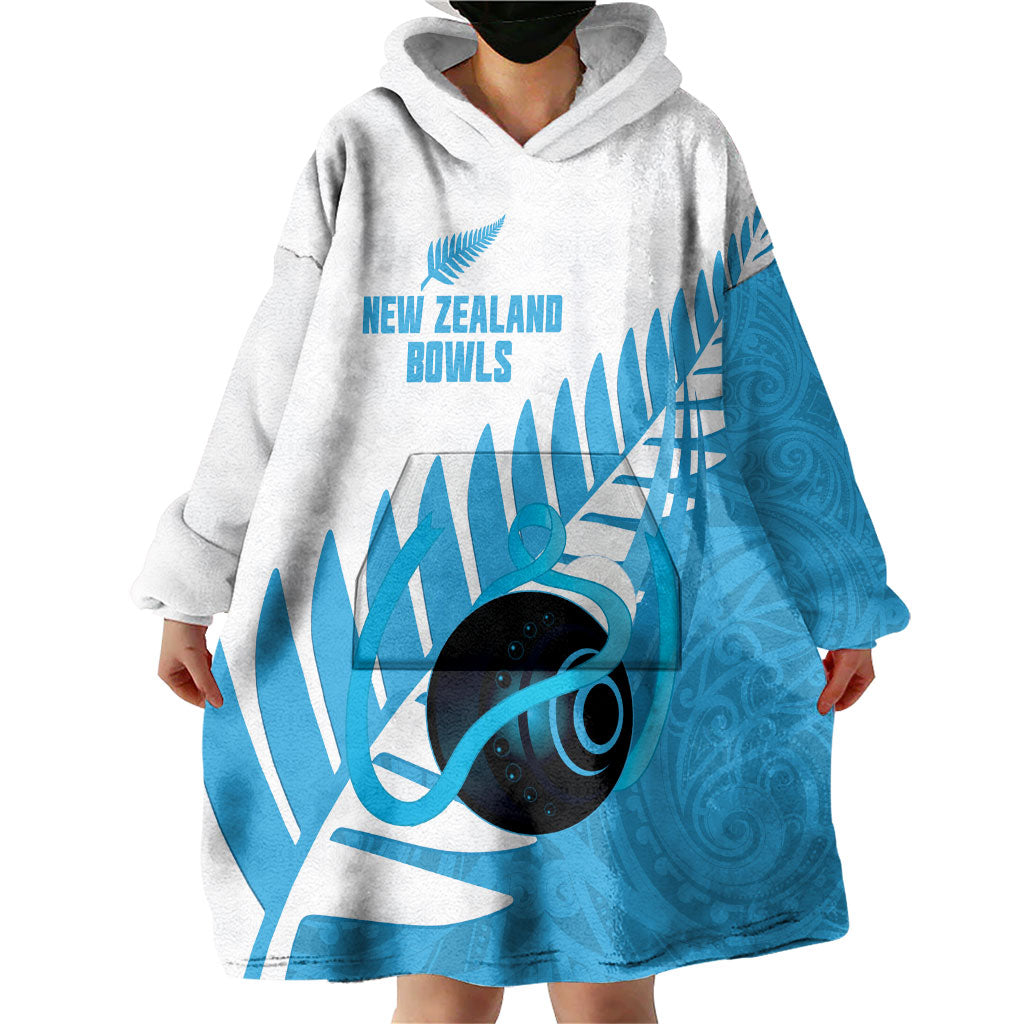 New Zealand Lawn Bowls Prostate Cancer Custom Wearable Blanket Hoodie Aotearoa Maori Silver Fern Blue Ribbon