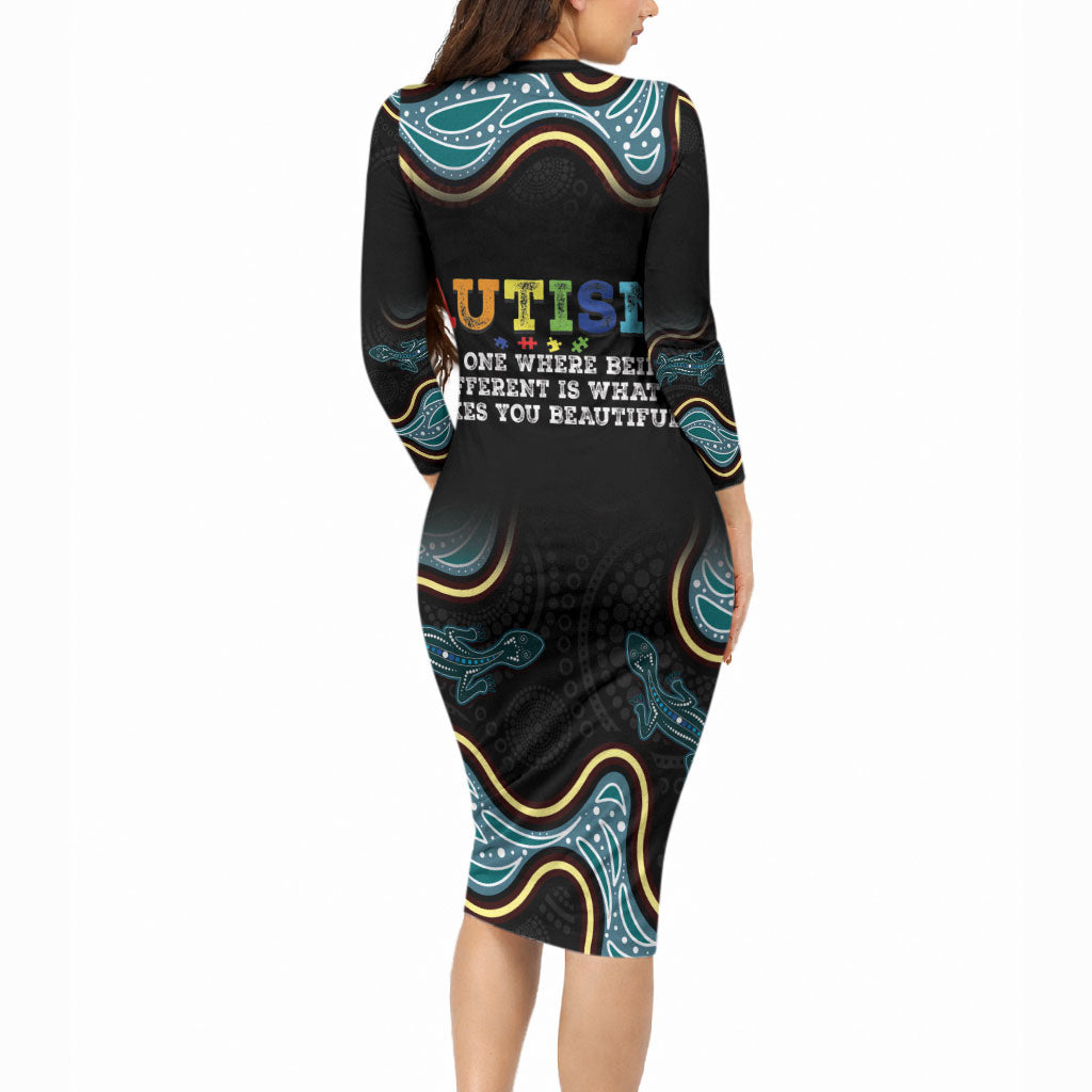 Australia Autism Support Aboriginal Lizard Long Sleeve Bodycon Dress