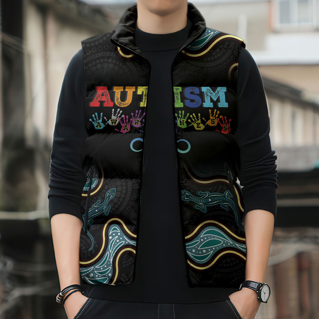 Australia Autism Support Aboriginal Lizard Sleeveless Puffer Jacket