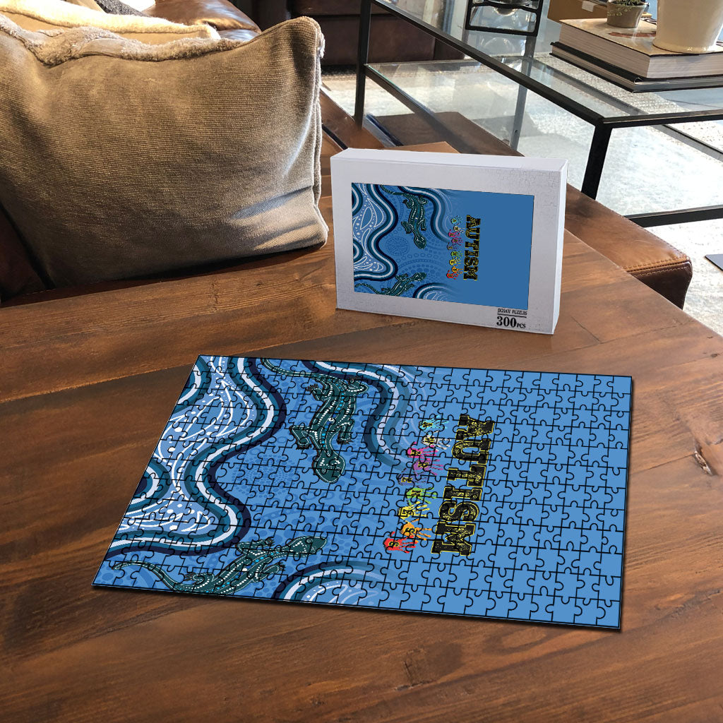 Australia Autism Support Puzzle In April We Wear Blue Aboriginal Lizard