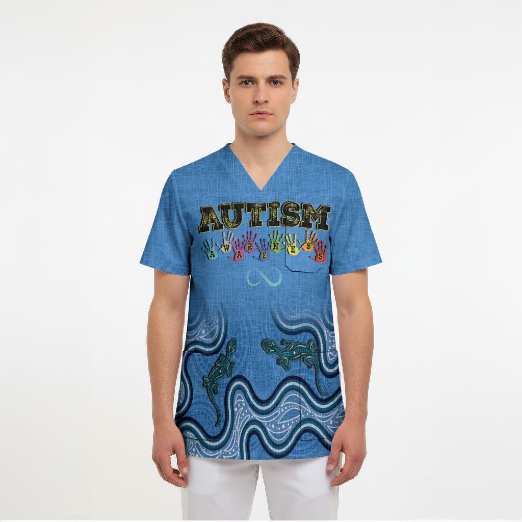 Australia Autism Support Scrub Top In April We Wear Blue Aboriginal Lizard