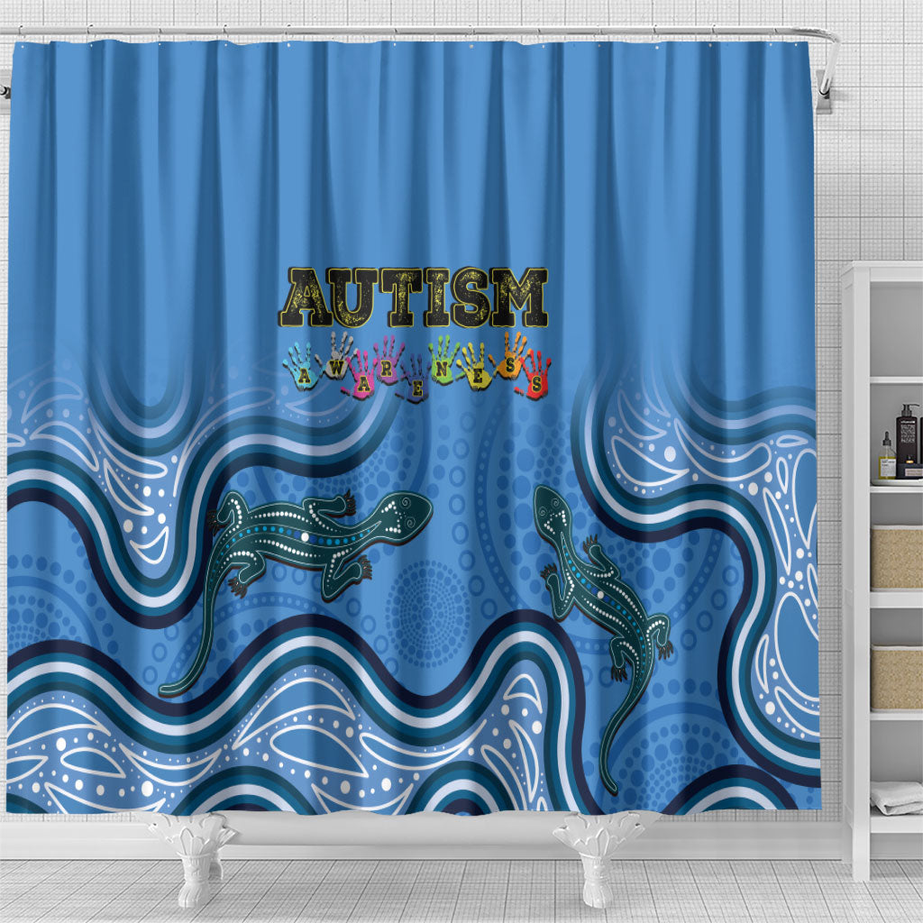 Australia Autism Support Shower Curtain In April We Wear Blue Aboriginal Lizard