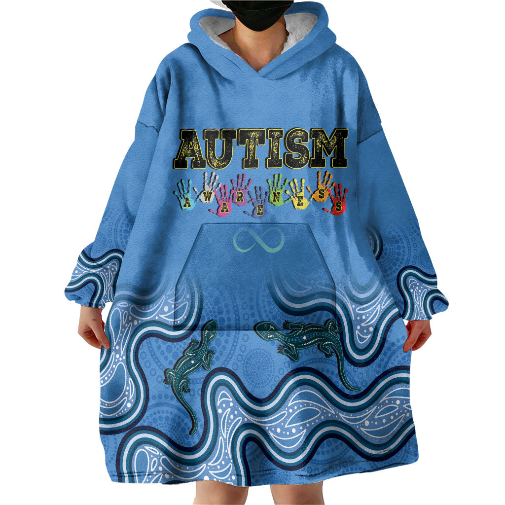 Australia Autism Support Wearable Blanket Hoodie In April We Wear Blue Aboriginal Lizard