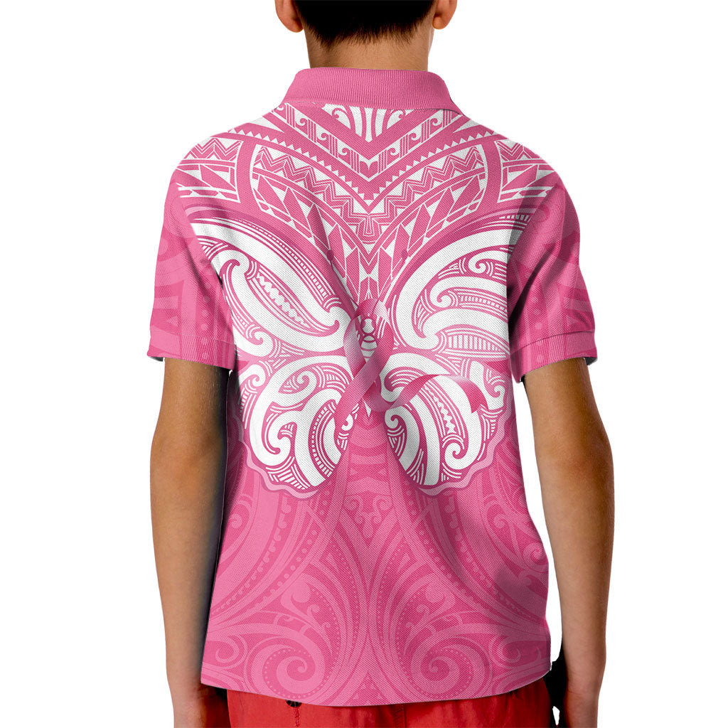 New Zealand Breast Cancer Support Kid Polo Shirt Maori Butterfly Pink Ribbon