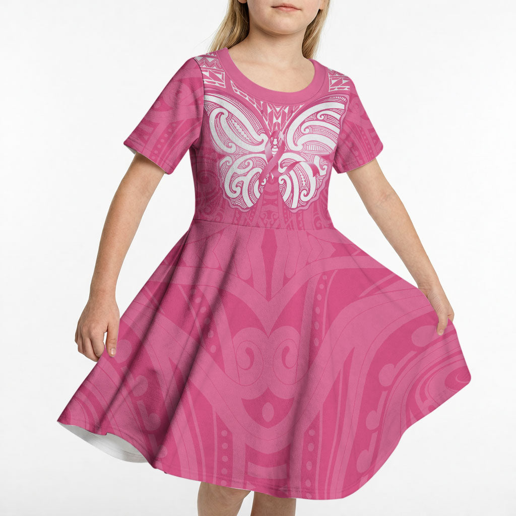 New Zealand Breast Cancer Support Kid Short Sleeve Dress Maori Butterfly Pink Ribbon