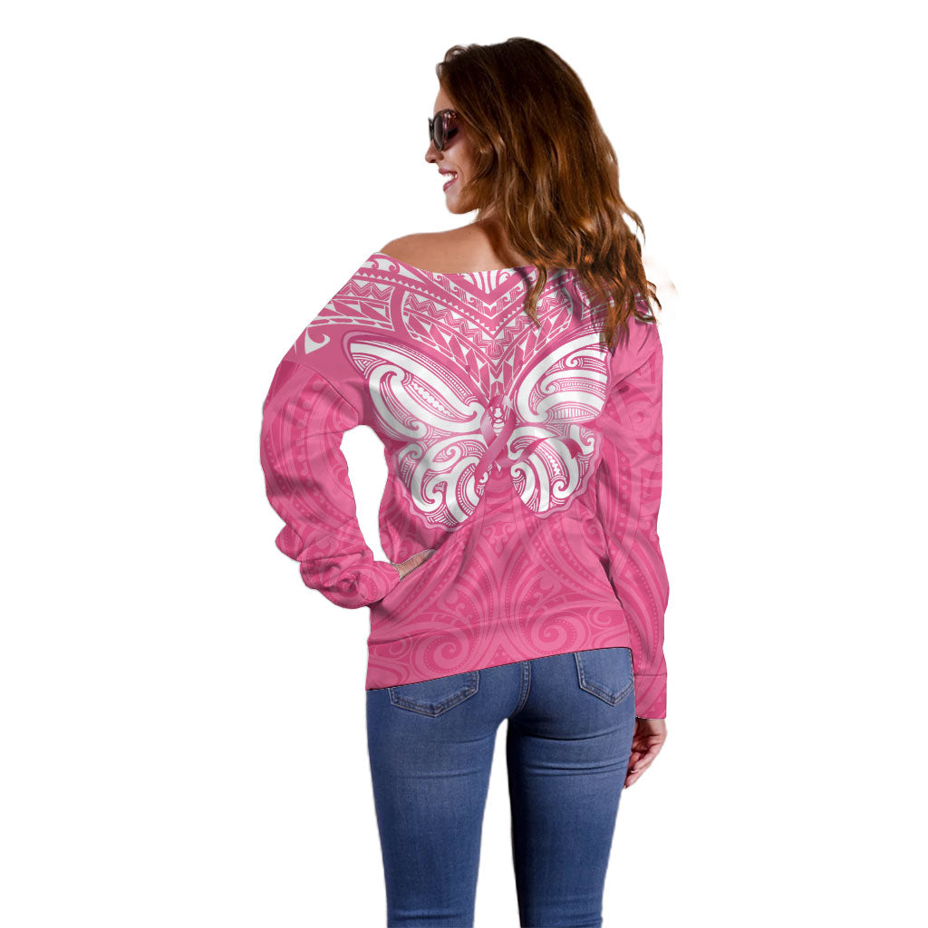 New Zealand Breast Cancer Support Off Shoulder Sweater Maori Butterfly Pink Ribbon