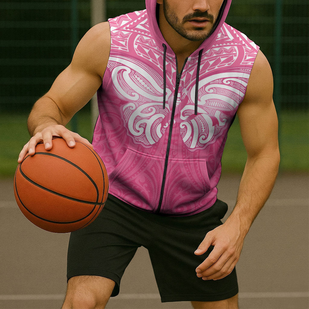 New Zealand Breast Cancer Support Sleeveless Zip Hoodie Maori Butterfly Pink Ribbon