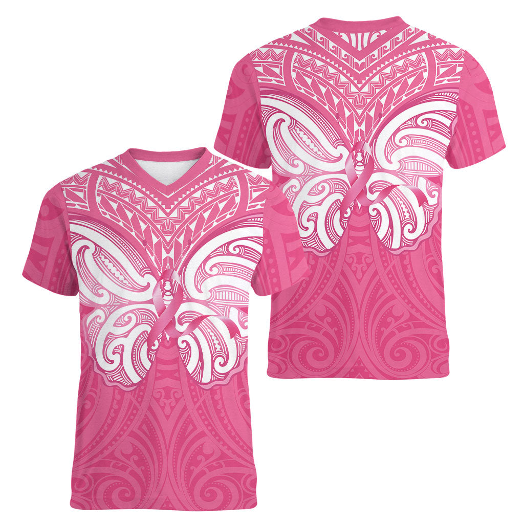 New Zealand Breast Cancer Support Women V-Neck T-Shirt Maori Butterfly Pink Ribbon