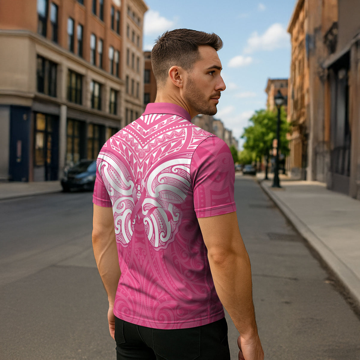 New Zealand Breast Cancer Support Zipper Polo Shirt Maori Butterfly Pink Ribbon