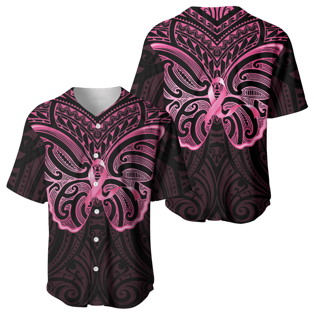New Zealand Breast Cancer Support Baseball Jersey Maori Butterfly Pink Ribbon Black Version