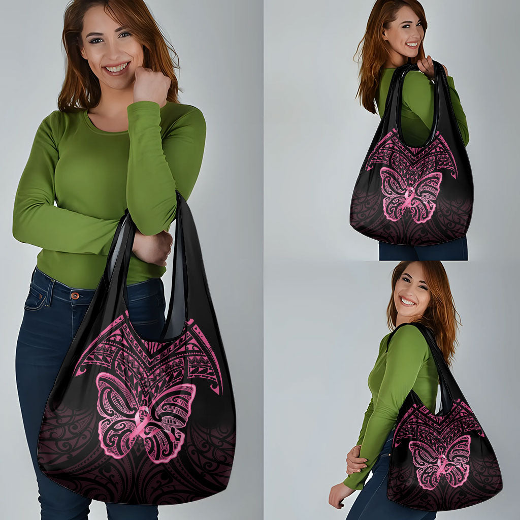 New Zealand Breast Cancer Support Grocery Bag Maori Butterfly Pink Ribbon Black Version