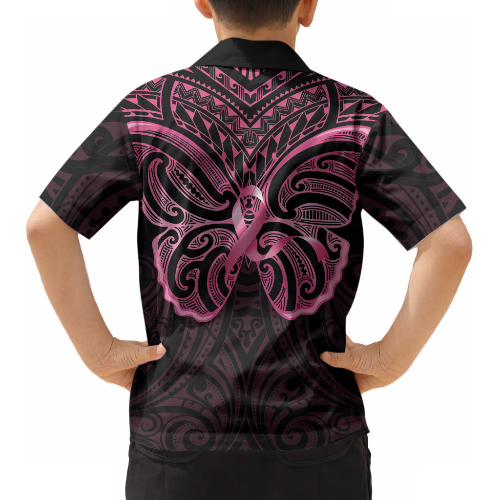New Zealand Breast Cancer Support Kid Hawaiian Shirt Maori Butterfly Pink Ribbon Black Version