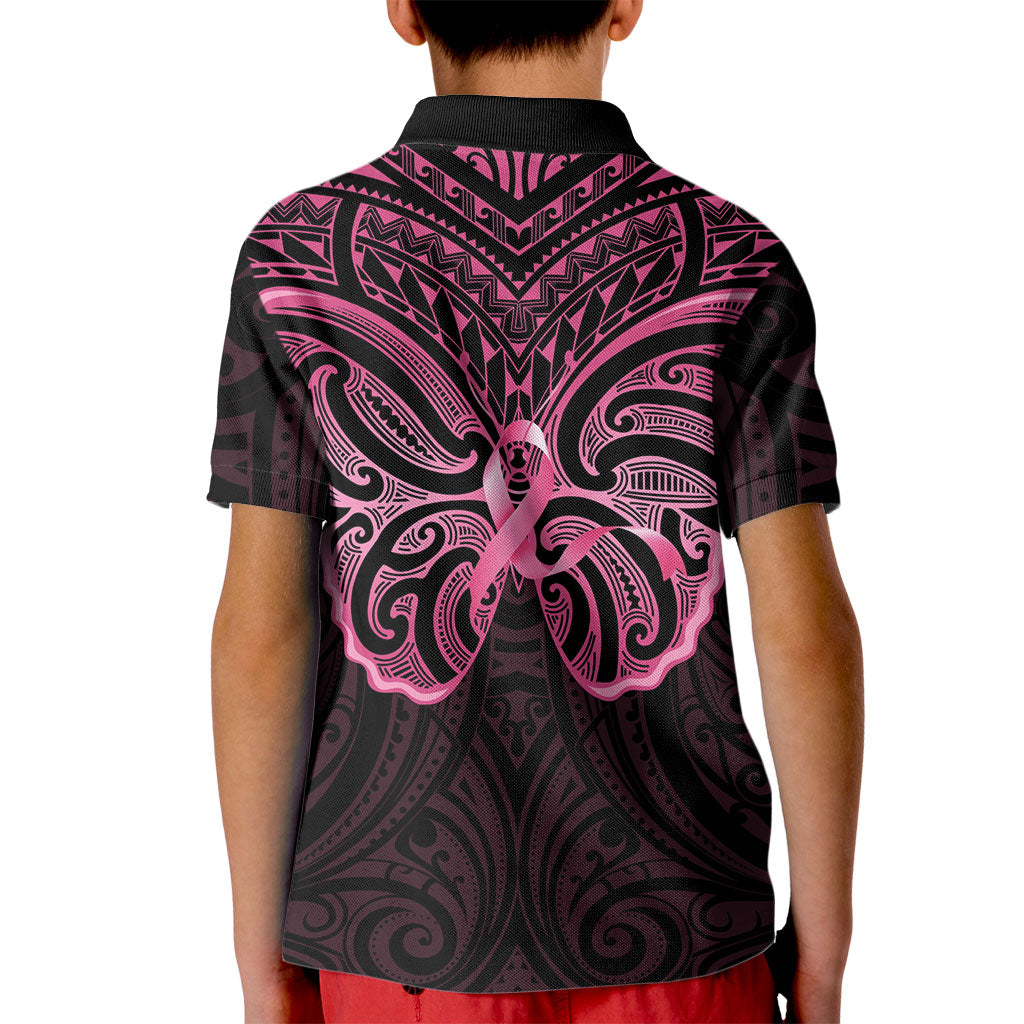 New Zealand Breast Cancer Support Kid Polo Shirt Maori Butterfly Pink Ribbon Black Version