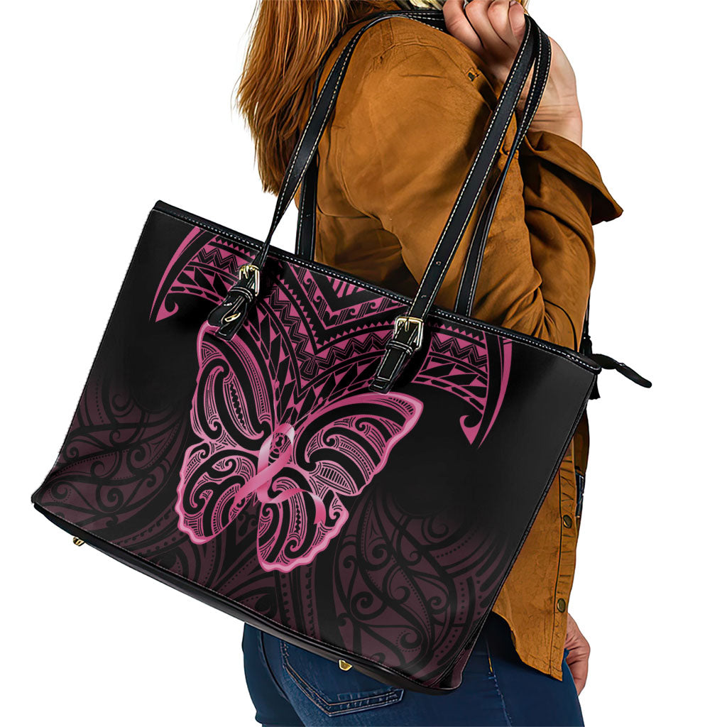 New Zealand Breast Cancer Support Leather Tote Bag Maori Butterfly Pink Ribbon Black Version