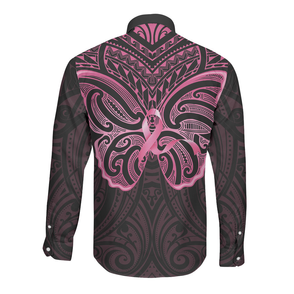 New Zealand Breast Cancer Support Long Sleeve Button Shirt Maori Butterfly Pink Ribbon Black Version
