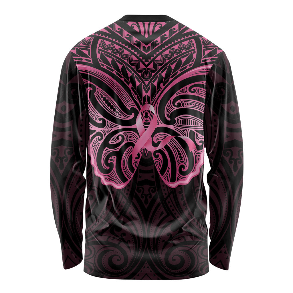 New Zealand Breast Cancer Support Long Sleeve Shirt Maori Butterfly Pink Ribbon Black Version