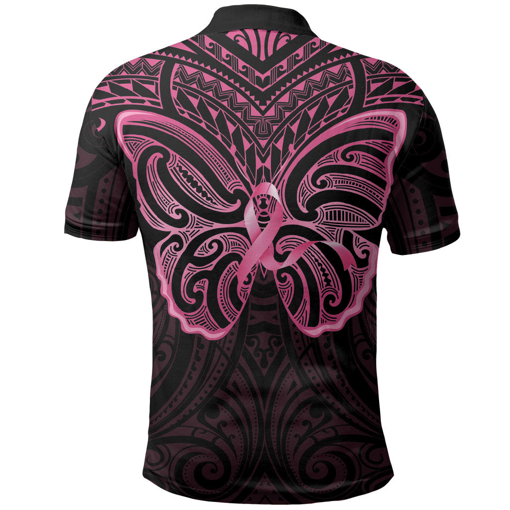 New Zealand Breast Cancer Support Polo Shirt Maori Butterfly Pink Ribbon Black Version