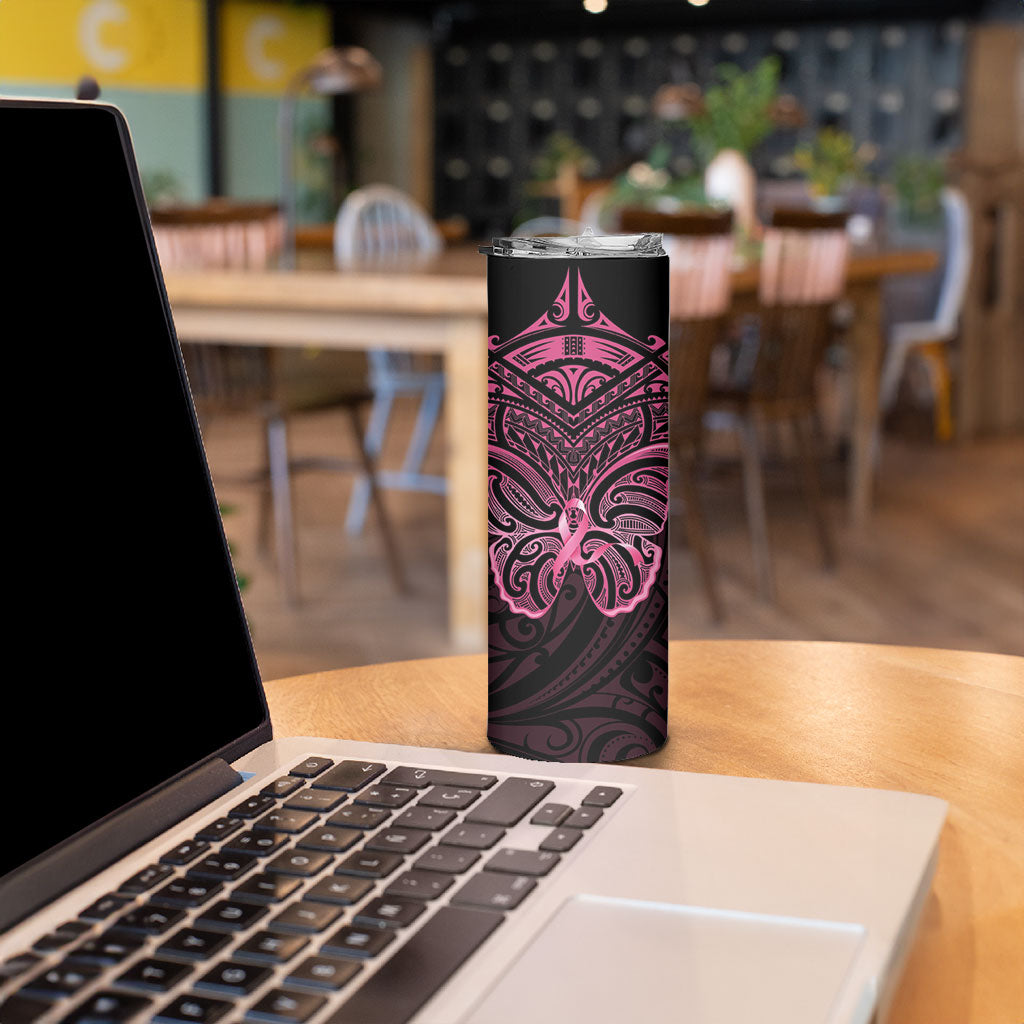 New Zealand Breast Cancer Support Skinny Tumbler Maori Butterfly Pink Ribbon Black Version