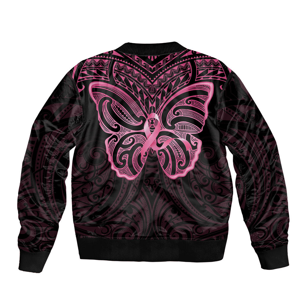 New Zealand Breast Cancer Support Sleeve Zip Bomber Jacket Maori Butterfly Pink Ribbon Black Version