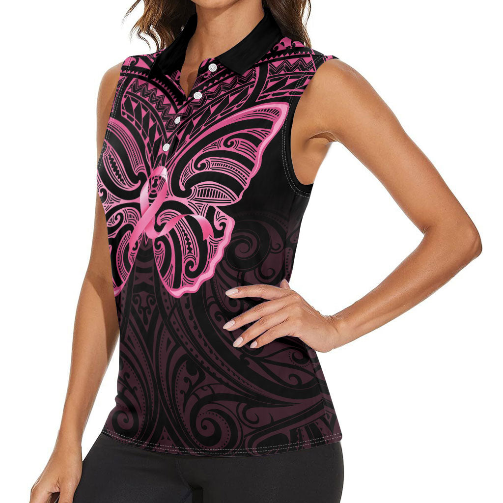 New Zealand Breast Cancer Support Women Sleeveless Polo Shirt Maori Butterfly Pink Ribbon Black Version