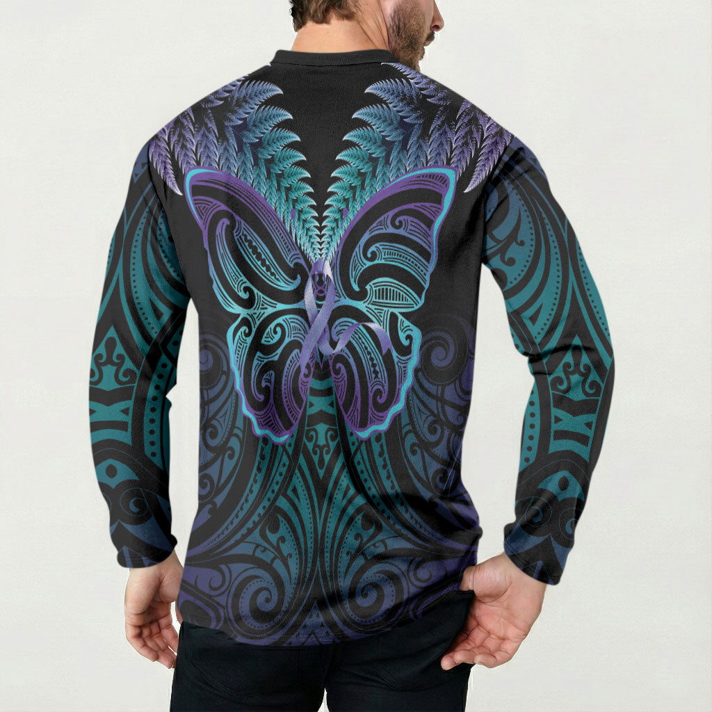Suicide Prevention New Zealand Button Sweatshirt Aotearoa Maori Butterfly Mix Silver Fern